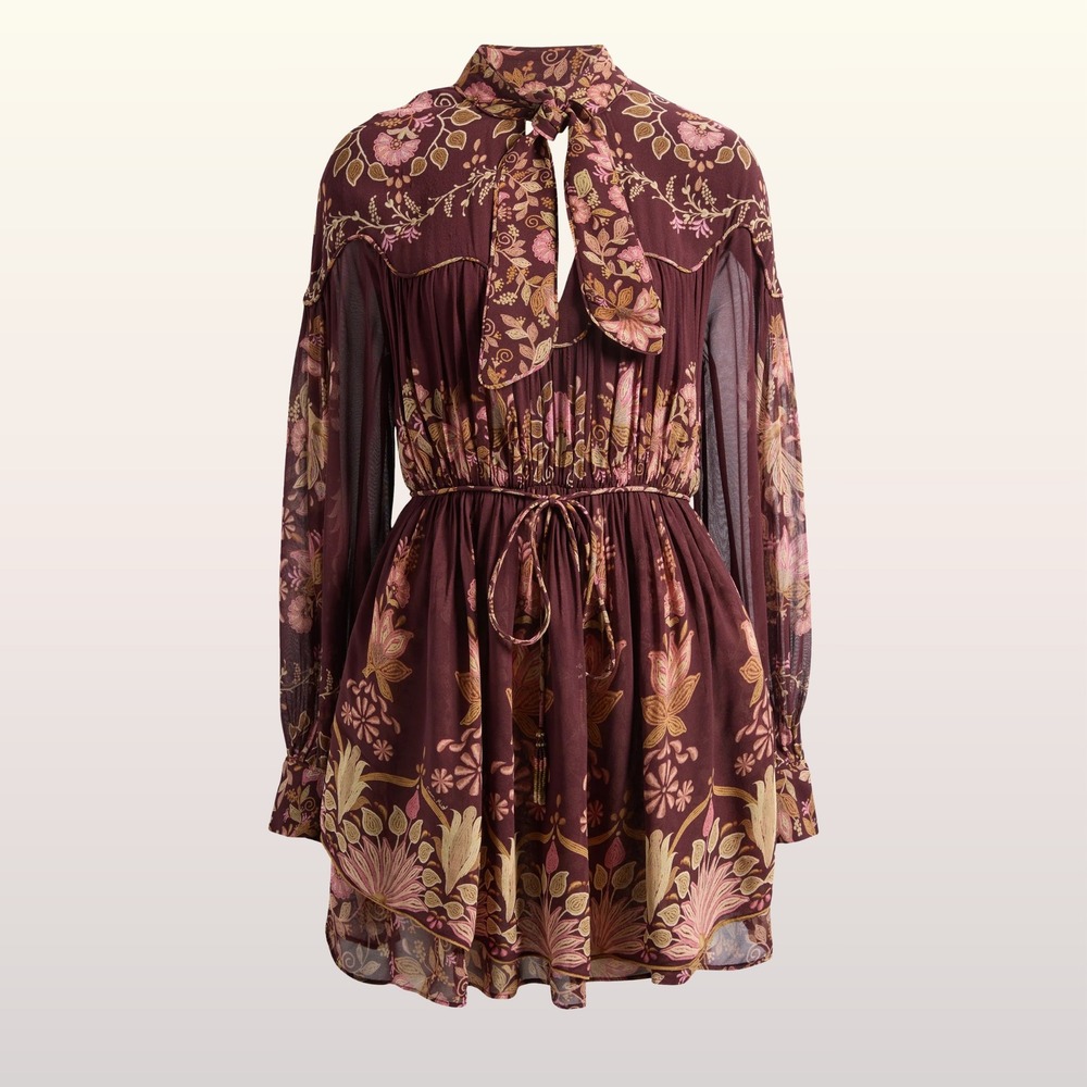 FARM Rio Burgundy Floral Mini Dress with Pink and Gold Accents